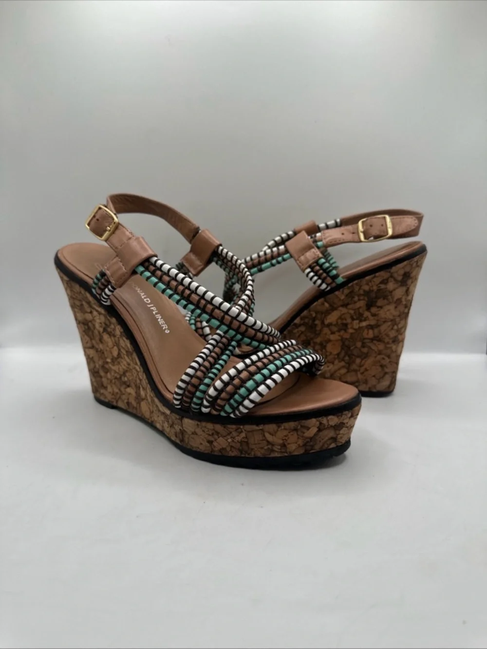 Donald J. Pliner Cork Wedge Sandals Turquoise White & Black Straps Sz 7 1/2